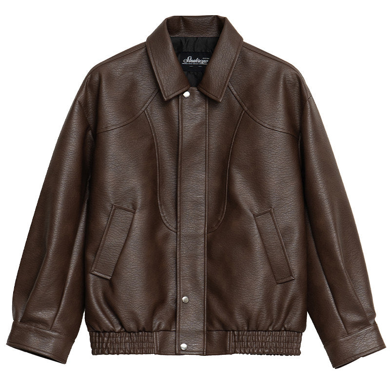 Lychee-Grain PU Leather Lapel Jacket – American Retro Oversized Unisex