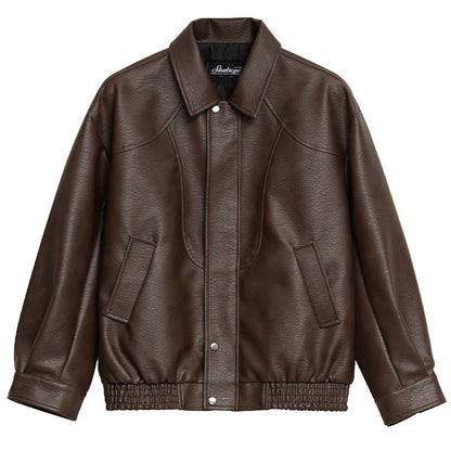 Lychee-Grain PU Leather Lapel Jacket – American Retro Oversized Unisex