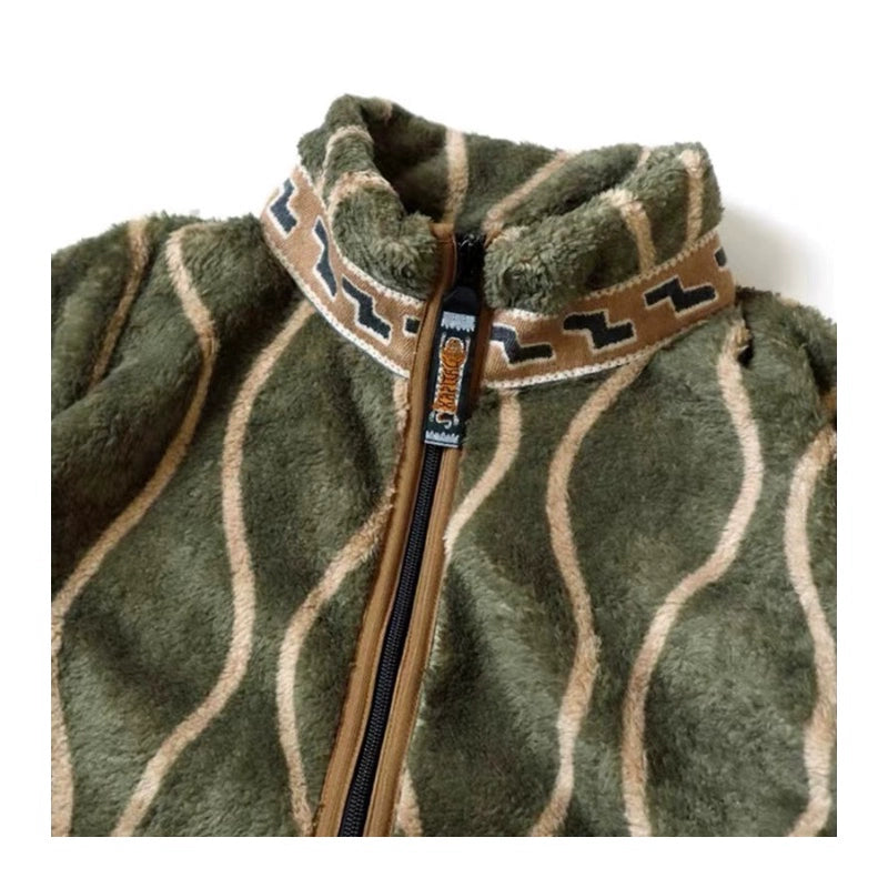 Japanese Tang grass fleece wavy stripe fleece zipper jacket