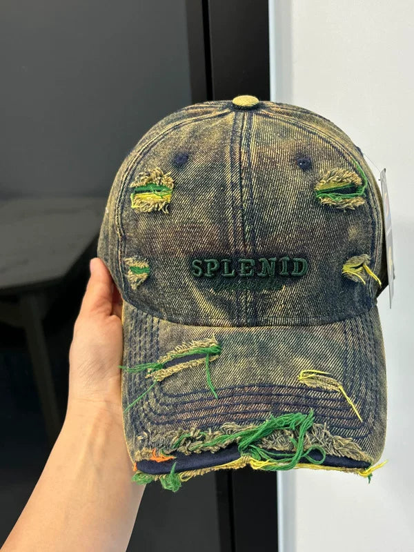 American vintage washed old denim baseball cap women's versatile big headset hat embroidered with ripped peaked hats