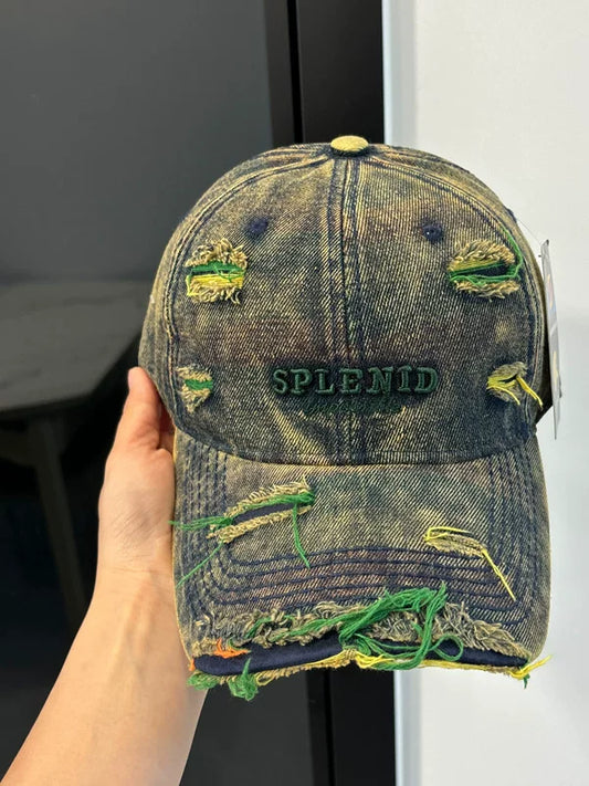 American vintage washed old denim baseball cap women's versatile big headset hat embroidered with ripped peaked hats