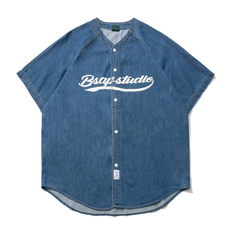 Japanese retro Ami khaki vintage letter printing baseball shirt men's loose denim tooling short-sleeved shirt