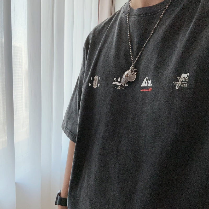 Japanese  Cotton Indigo washed turtleneck print Short Sleeve T-Shirt