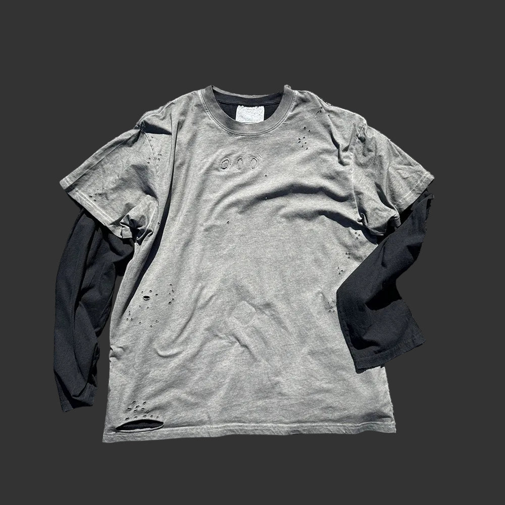 Two distressed trendy couple plus size loose college long-sleeved T-shirts | Japanese vintage | yamalin clothes | Yamalinclothes