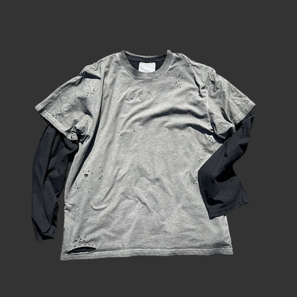 Two distressed trendy couple plus size loose college long-sleeved T-shirts | Japanese vintage | yamalin clothes | Yamalinclothes