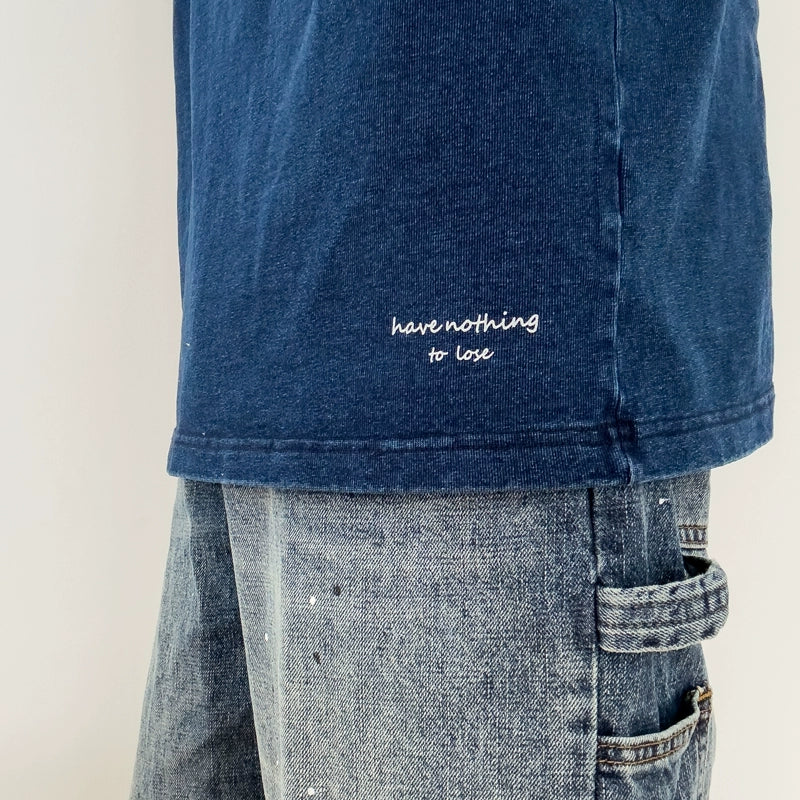 Japanese vintage indigo high gram weight washed round neck pullover loose fit short sleeve t-shirt men's and women's english printed tee