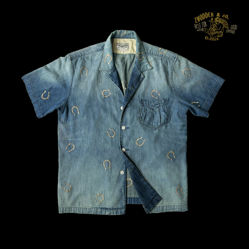 Western embroidered Cuban collar short-sleeved shirt summer retro American horseshoe old AMI khaki