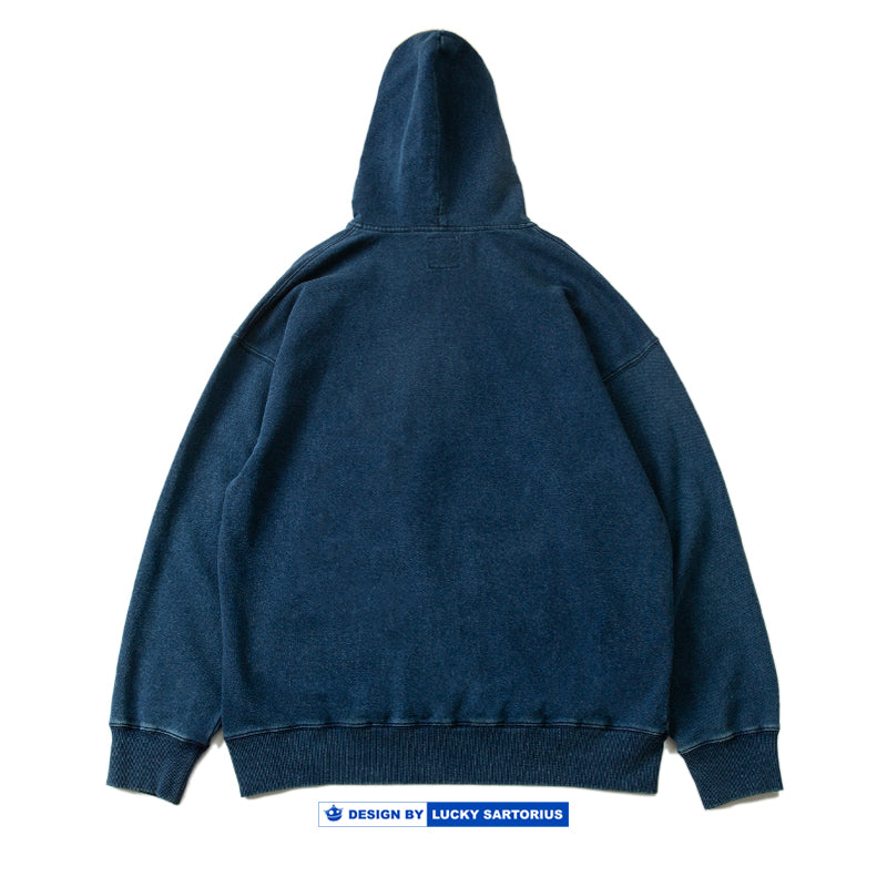 spring and summer new indigo dyed hooded sweater retro presbyopia patchwork men's jacket
