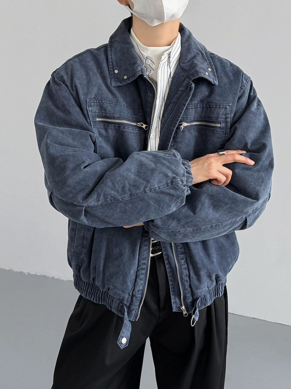 Vintage Distressed Padded Denim Jacket – Oversized Men’s Zipper-Trim Quilted Trucker Coat