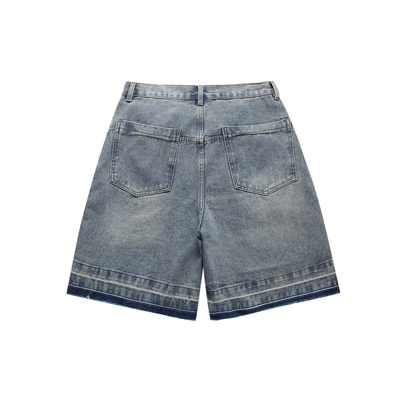 Splicing raw edges, washed, frayed white, distressed denim shorts, men's American trendy brand, summer loose casual shorts