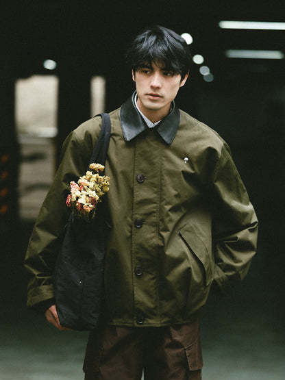 American Vintage Hunting Jacket – Heavy Leather-Collar Harrington Cargo Coat Unisex