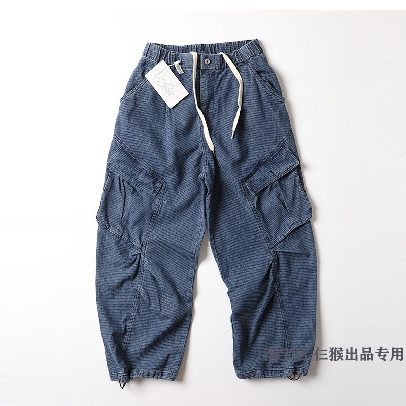 Japanese single click, heavyweight, literary fan, small checkered, loose wide-leg jeans, men's function, retro denim trousers, tide pants