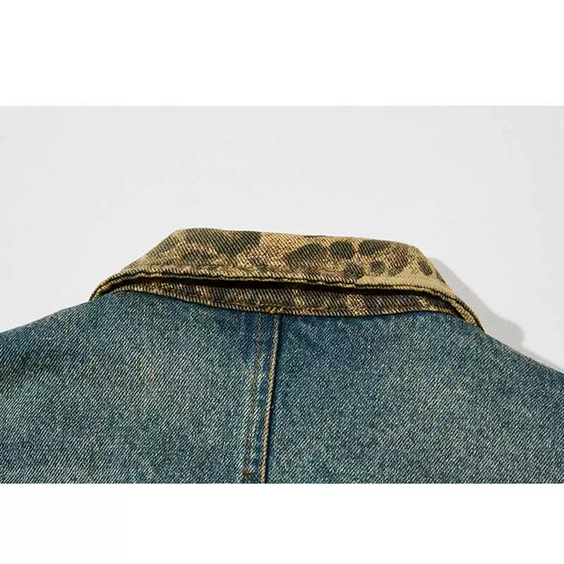 Japanese vintage autumn wash distressed denim jacket men's autumn fashion brand leopard print lapel patchwork embroidered jacket