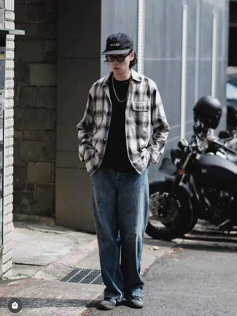 Japanese workwear straight jeans, loose and versatile washed and worn-out wide-leg pants