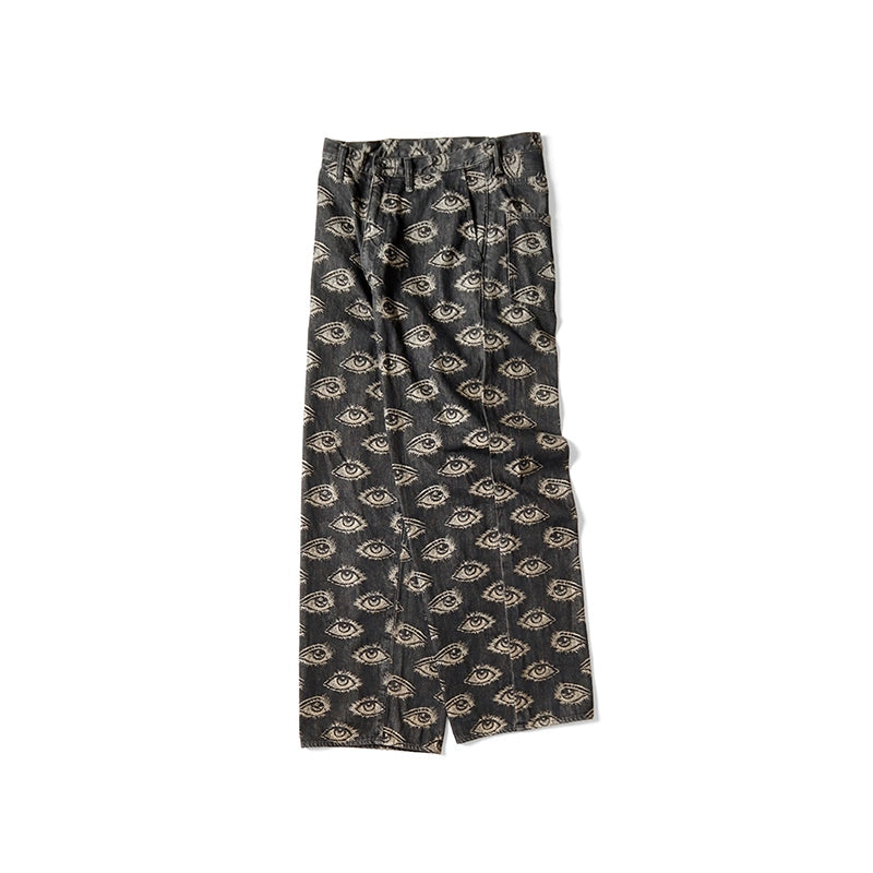 Japanese vintage eye embroidery wash distressed denim trousers wide-leg pants