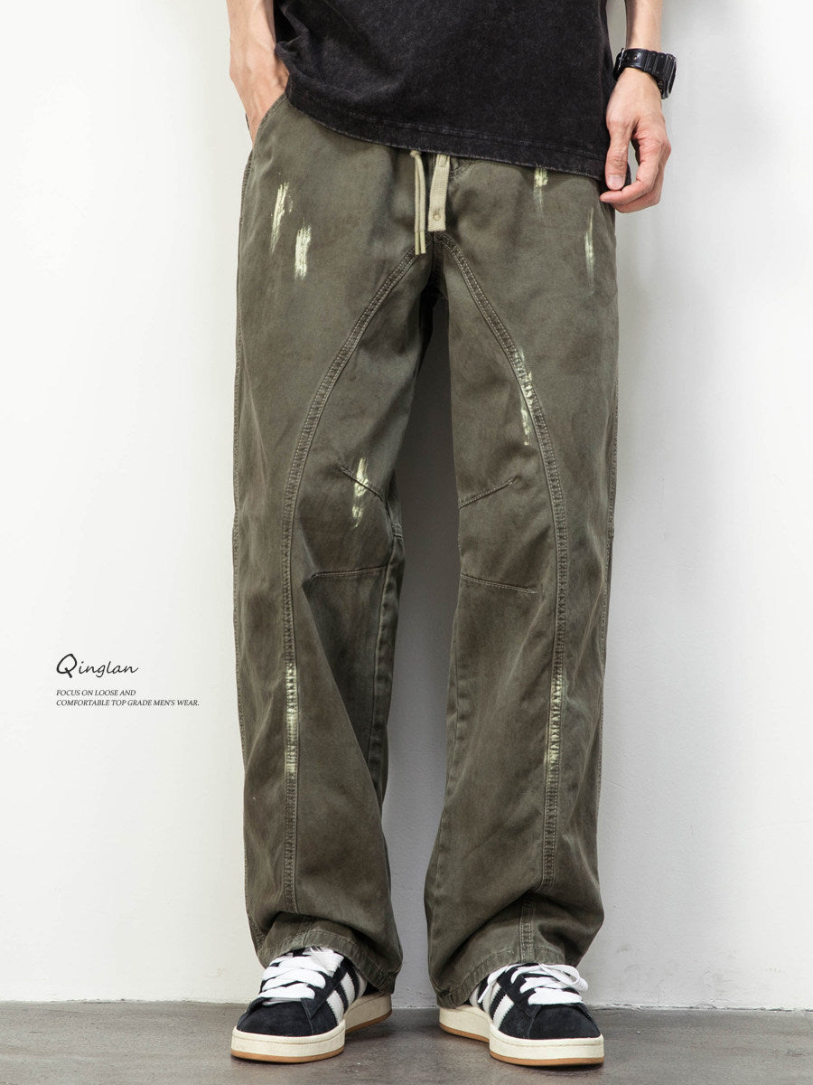 Army Green Straight Loose Elastic Waist Workwear Jeans – Unisex Casual