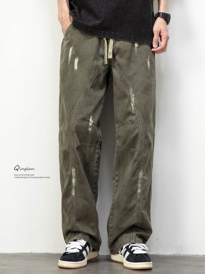 Army Green Straight Loose Elastic Waist Workwear Jeans – Unisex Casual