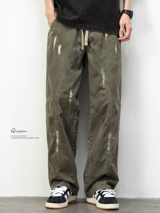 Army Green Straight Loose Elastic Waist Workwear Jeans – Unisex Casual – Japanese vintage | yamalin clothes | Yamalinclothes