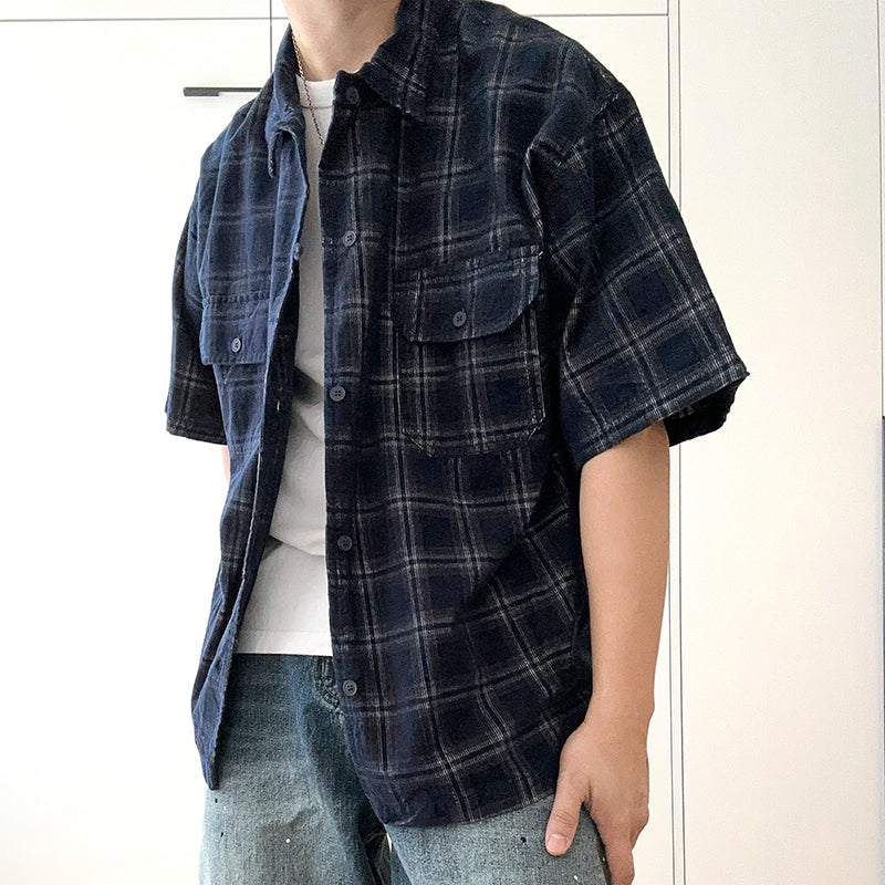 Japanese retro cityboy summer plaid short-sleeved shirts for men and women