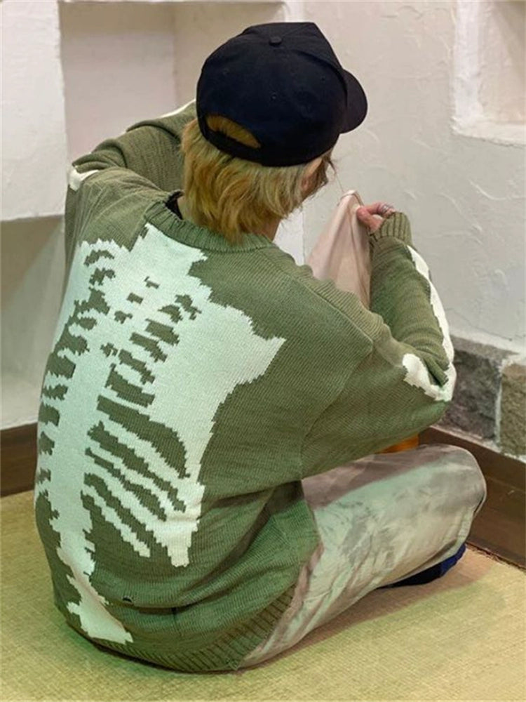 Back skeleton jacquard hole long sleeve loose pullover sweater men and women trendy