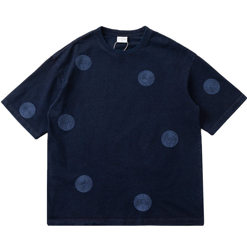 Vintage Indigo Wash Thorn Embroidery Round Neck Short Sleeve T-shirt