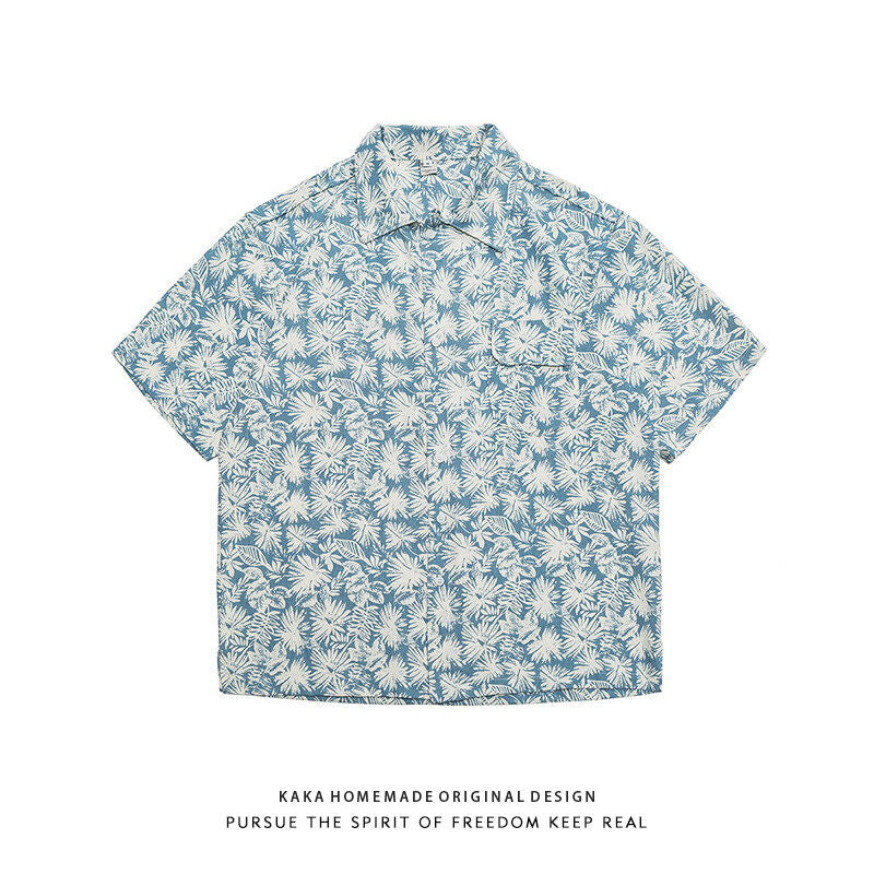 Japanese retro floral cotton and linen short-sleeved shirt men's summer Hong Kong style fashion brand beach casual floral shirt