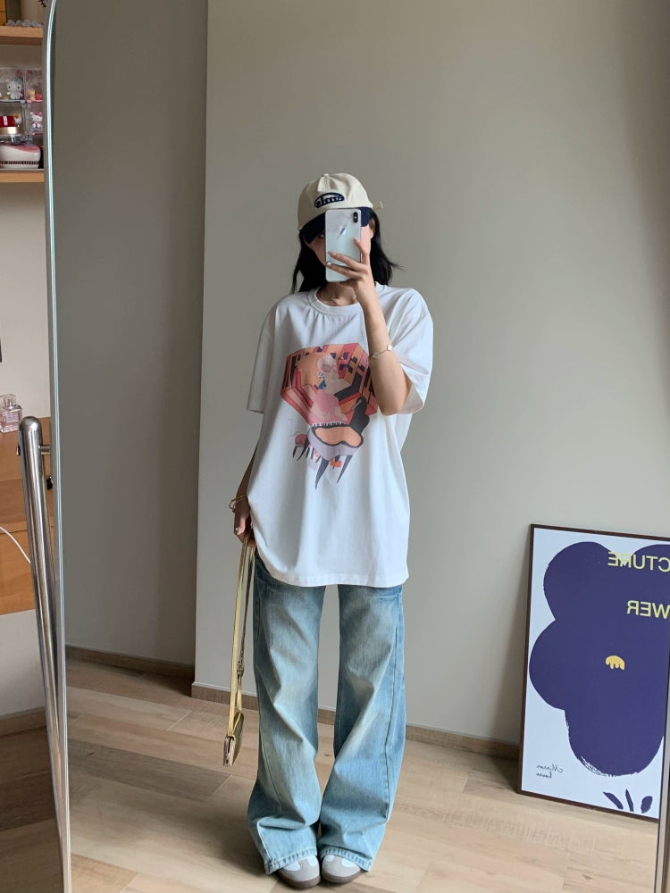 Japanese casual cotton fun print loose round collar short sleeve T-shirt