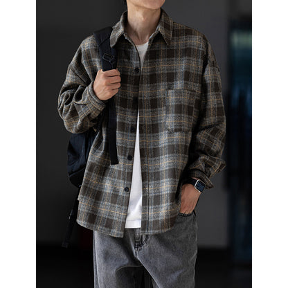 Retro Brushed Plaid Shirt – Thickened Loose Workwear Long Sleeve Jacket for Men – Japanese vintage | yamalin clothes | Yamalinclothes