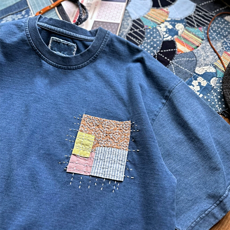 Japanese men's indigo dyed hand-embroidered patch loose short sleeve T-shirt men's summer crewneck T-shirt for men and women