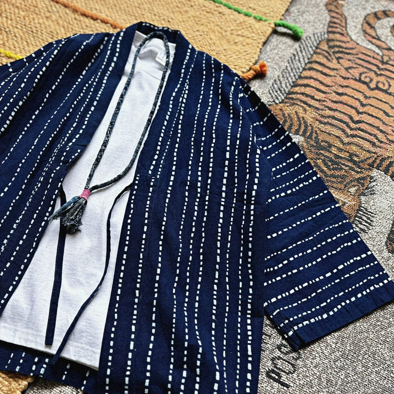 Japanese indigo drawing, striped three-quarter-sleeve kimono cardigan, jacket, men's summer thin loose casual sunscreen