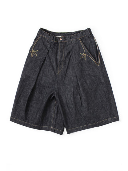 Japanese Denim Indigo Embroidery Four-Pocket Over-the-Knee Shorts - Loose Casual Streetwear for Men