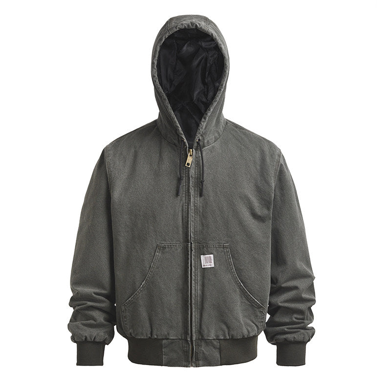 Vintage Wash Distressed Cargo Hoodie Jacket – Thermal Insulated Men's Coat