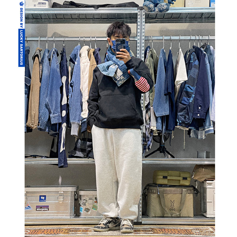 Japanese retro national style stitching round neck pullover loose version sweater