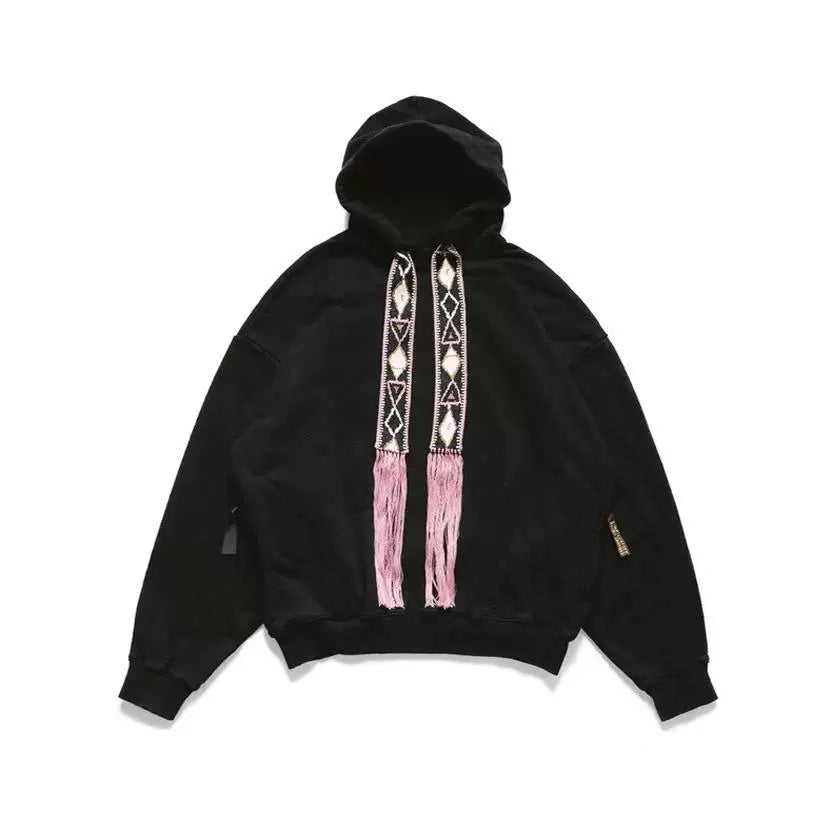 Japanese ethnic style tassels embroidered ribbon casual hooded sweater for men and women