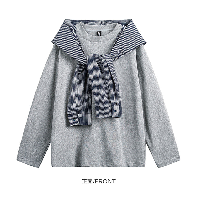 Korean hooded shawl fake two long-sleeved T-shirts men's new spring lazy style relaxed top