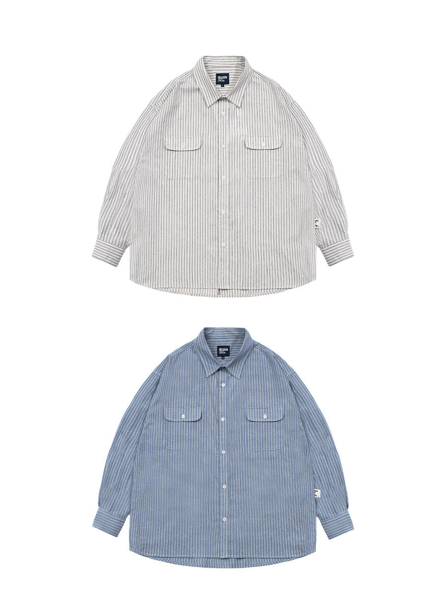 Loose Striped Cotton Long-Sleeve Shirt – Oversized Silhouette Unisex Layering Top – Japanese vintage | yamalin clothes | Yamalinclothes