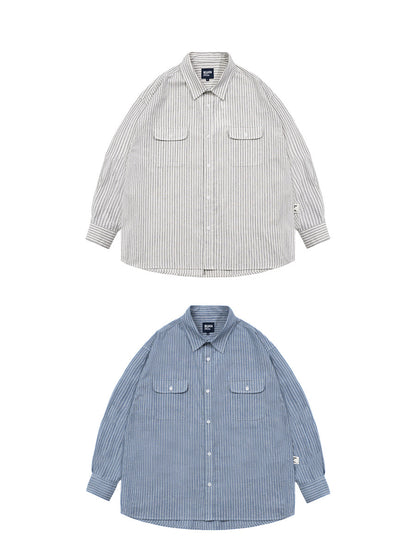 Loose Striped Cotton Long-Sleeve Shirt – Oversized Silhouette Unisex Layering Top – Japanese vintage | yamalin clothes | Yamalinclothes
