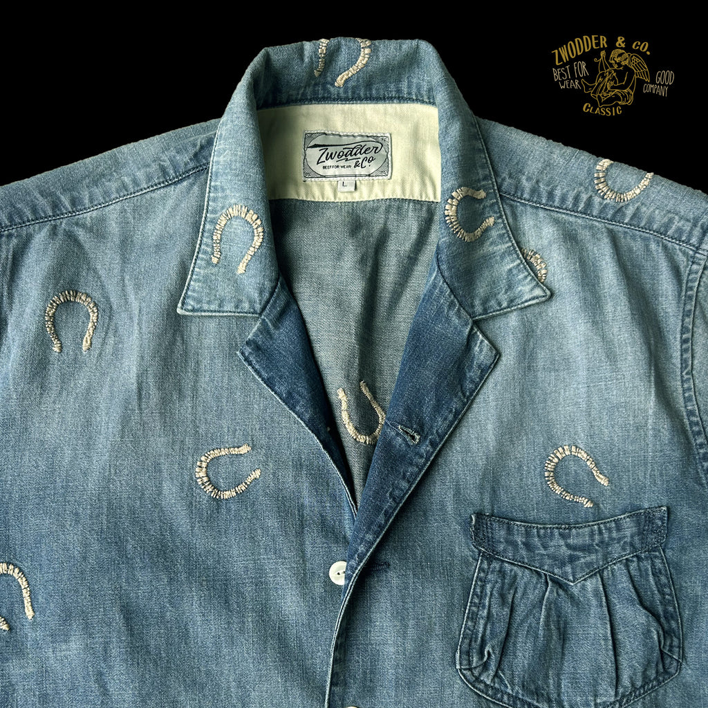 Western embroidered Cuban collar short-sleeved shirt summer retro American horseshoe old AMI khaki