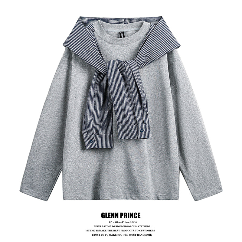 Korean hooded shawl fake two long-sleeved T-shirts men's new spring lazy style relaxed top