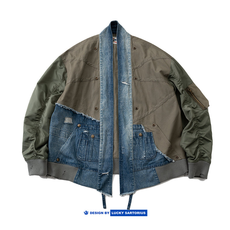 multi-material stitching deconstructed multi-pocket denim stitching robe jacket jacket for men and women