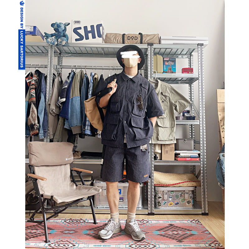 Summer outdoor functional wind three-proof fabric multi-pocket workwear wind multi-pocket loose shirt shorts suit men's wear