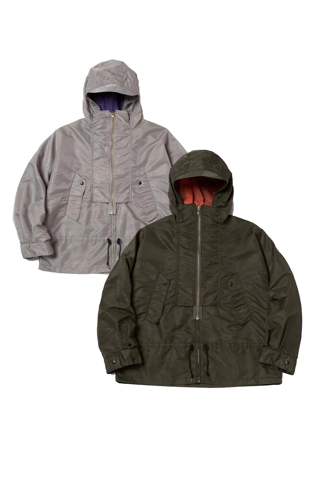 Japanese style two-color nylon waterproof double zipper loose hooded long-sleeved jacket