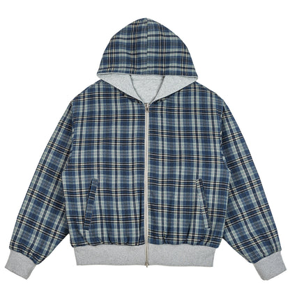 American Vintage Plaid Hooded Cardigan – Oversized Unisex Cotton Sweatshirt Jacket