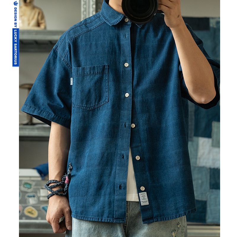 Indigo washed texture, personalized custom woven fabric, loose French cargo style, multi-pocket short-sleeved shirts, shirts for men and women