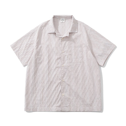 Diamond Texture Striped Short Sleeve Shirt – Loose Unisex Casual Summer
