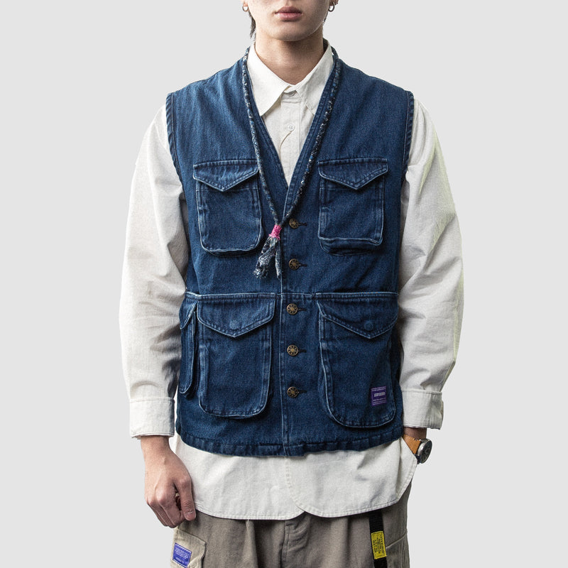 Spring and summer Japanese men's three-dimensional multi-pocket frock style jeans vest outdoor outer men's fashion