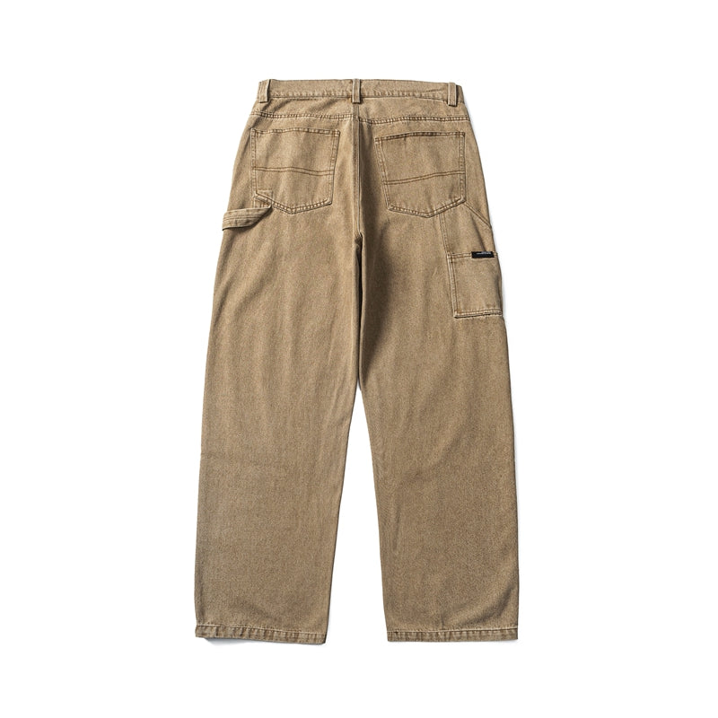 American retro fall/winter men's pants, heavyweight washed logging jeans, trendy straight-leg slacks, high street brown trousers