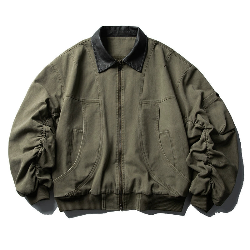 Vintage Washed Leather-Collar Cargo Jacket – Loose Barn Style (Unisex)