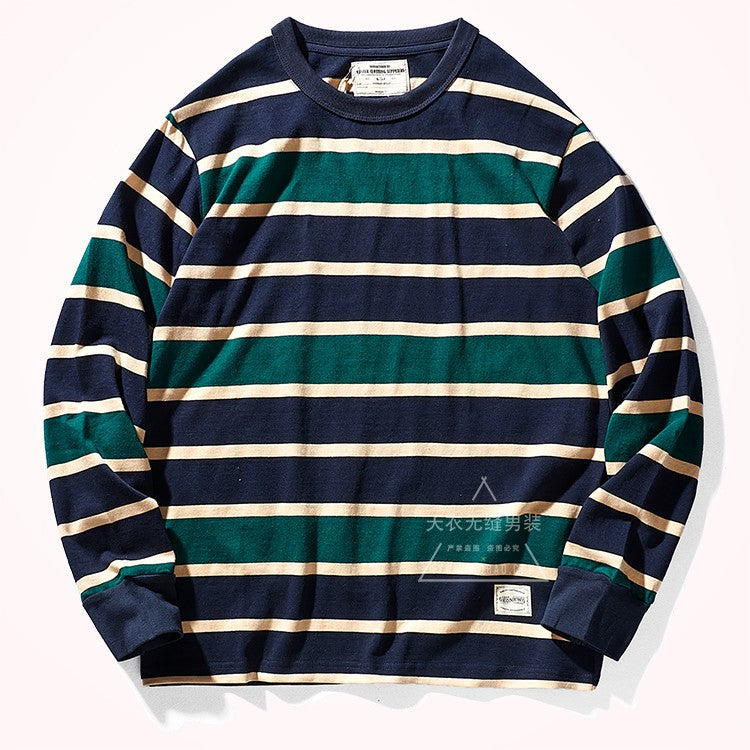 Heavy 300g Cotton Striped Long Sleeve T-Shirt – Japanese Retro Loose Unisex – T-Shirts | japanese streetwear | vintage workwear | unisex | Yamalinclothes