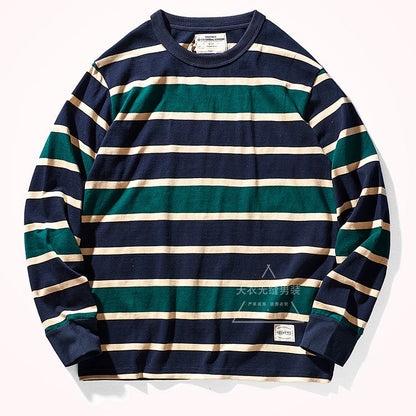 Heavy 300g Cotton Striped Long Sleeve T-Shirt – Japanese Retro Loose Unisex – T-Shirts | japanese streetwear | vintage workwear | unisex | Yamalinclothes